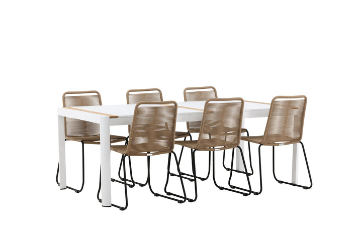 Venture Home Togo - Dining Table- White / Teak - Allu / Teak - 200*100 _1+ Lindos Stacking Chair - Black Alu / Latte Rope _6