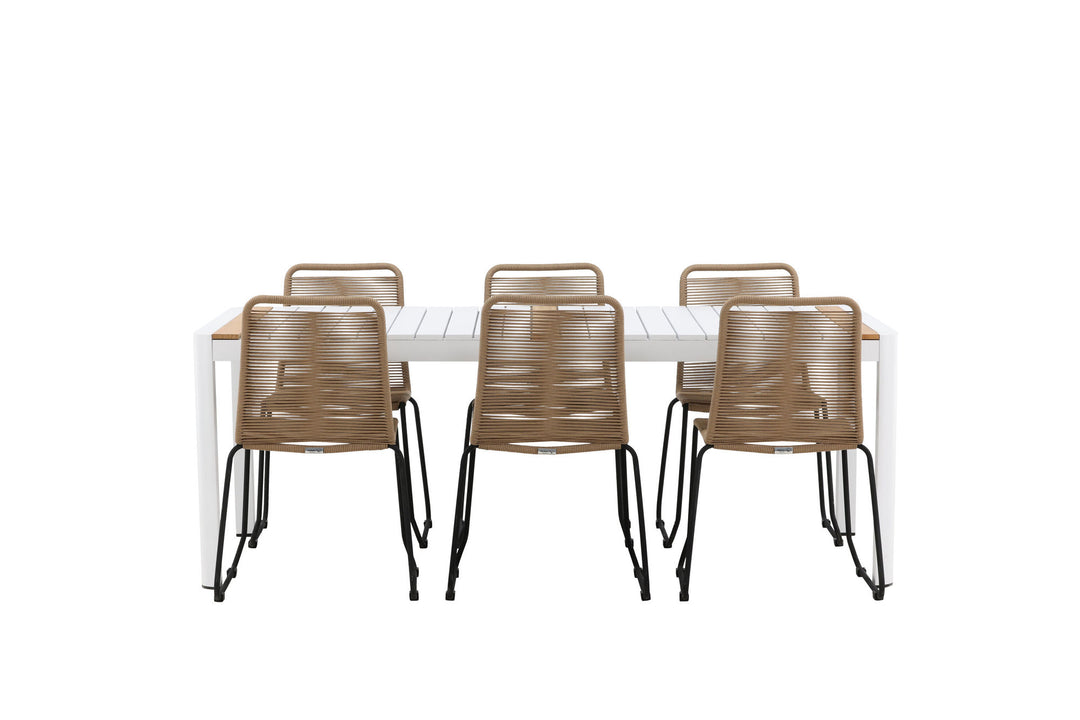 Venture Home Togo - Dining Table- White / Teak - Allu / Teak - 200*100 _1+ Lindos Stacking Chair - Black Alu / Latte Rope _6