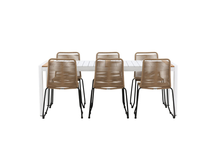 Venture Home Togo - Dining Table- White / Teak - Allu / Teak - 200*100 _1+ Lindos Stacking Chair - Black Alu / Latte Rope _6