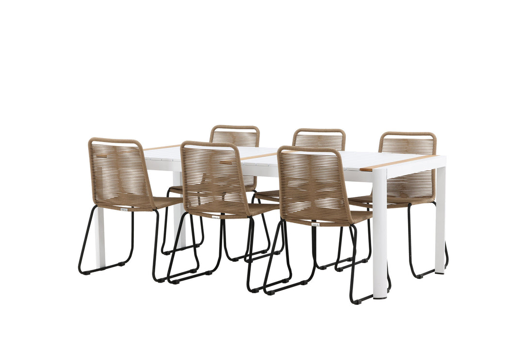 Venture Home Togo - Dining Table- White / Teak - Allu / Teak - 200*100 _1+ Lindos Stacking Chair - Black Alu / Latte Rope _6
