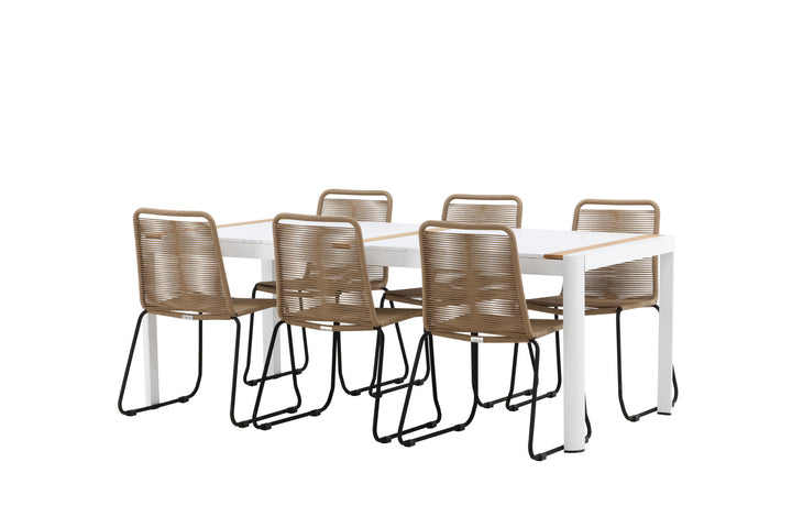 Venture Home Togo - Dining Table- White / Teak - Allu / Teak - 200*100 _1+ Lindos Stacking Chair - Black Alu / Latte Rope _6