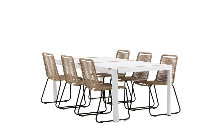 Venture Home Togo - Dining Table- White / Teak - Allu / Teak - 200*100 _1+ Lindos Stacking Chair - Black Alu / Latte Rope _6