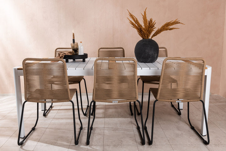 Venture Home Togo - Dining Table- White / Teak - Allu / Teak - 200*100 _1+ Lindos Stacking Chair - Black Alu / Latte Rope _6