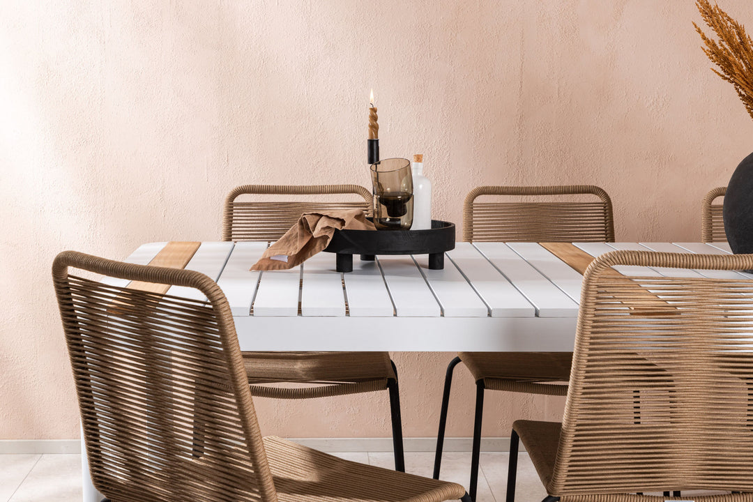 Venture Home Togo - Dining Table- White / Teak - Allu / Teak - 200*100 _1+ Lindos Stacking Chair - Black Alu / Latte Rope _6