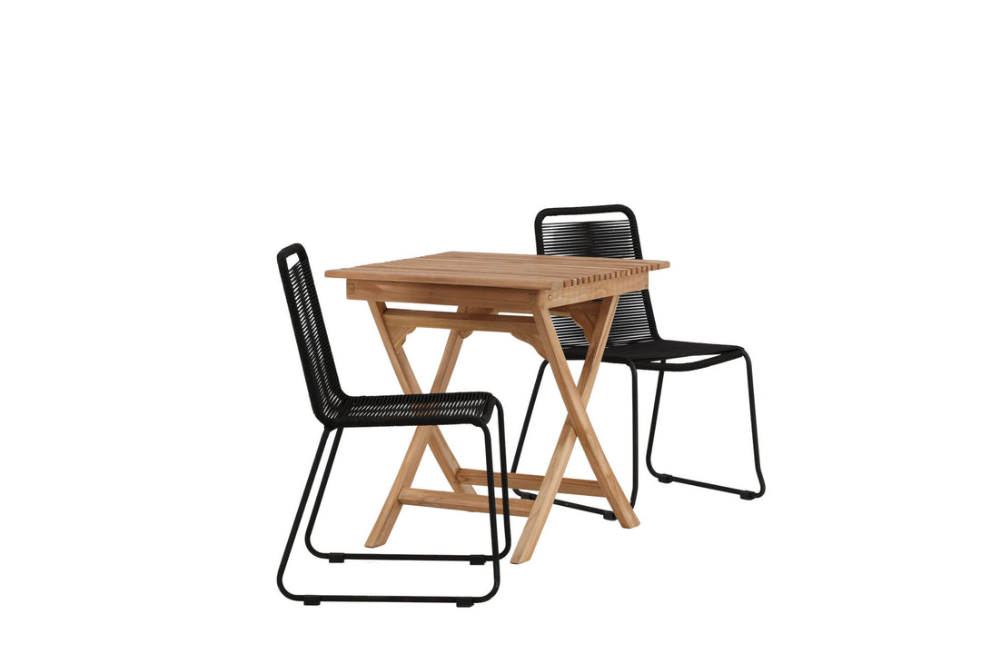 Venture Home Ghana - Folding Table- Natural - Teak - 70*70cm _1+ Lindos Stacking Chair - Black Alu / Black Rope _2