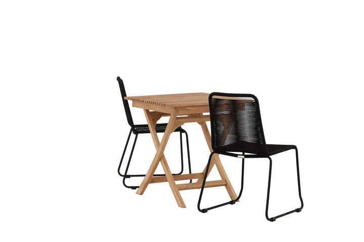 Venture Home Ghana - Folding Table- Natural - Teak - 70*70cm _1+ Lindos Stacking Chair - Black Alu / Black Rope _2