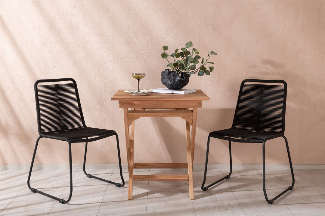 Venture Home Ghana - Folding Table- Natural - Teak - 70*70cm _1+ Lindos Stacking Chair - Black Alu / Black Rope _2