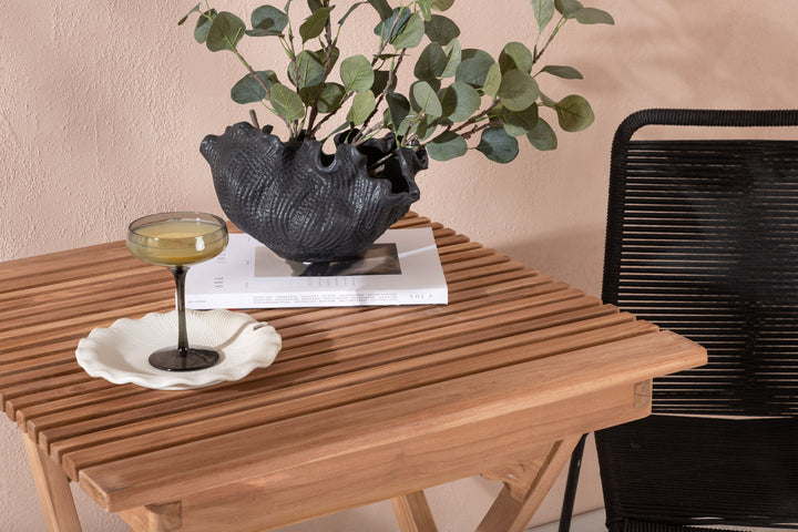 Venture Home Ghana - Folding Table- Natural - Teak - 70*70cm _1+ Lindos Stacking Chair - Black Alu / Black Rope _2