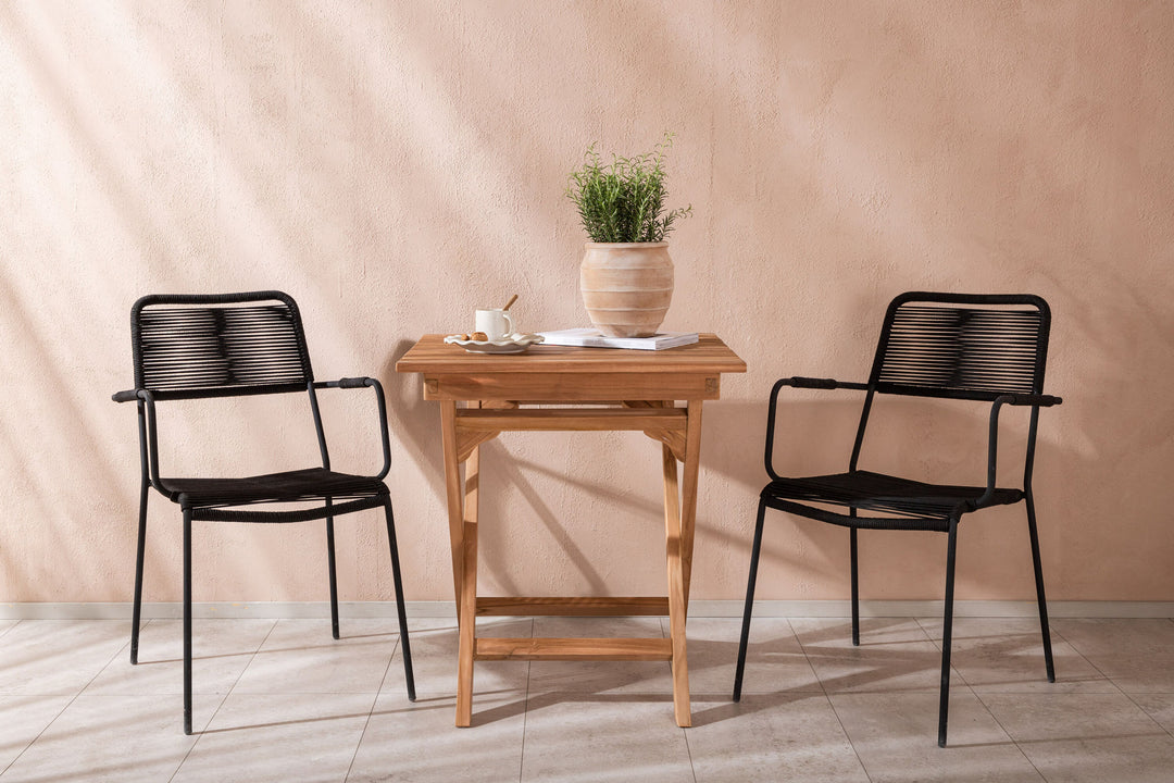 Venture Home Ghana - Folding Table- Natural - Teak - 70*70cm _1+ Lindos Armchair - Black Alu / Black Rope _2