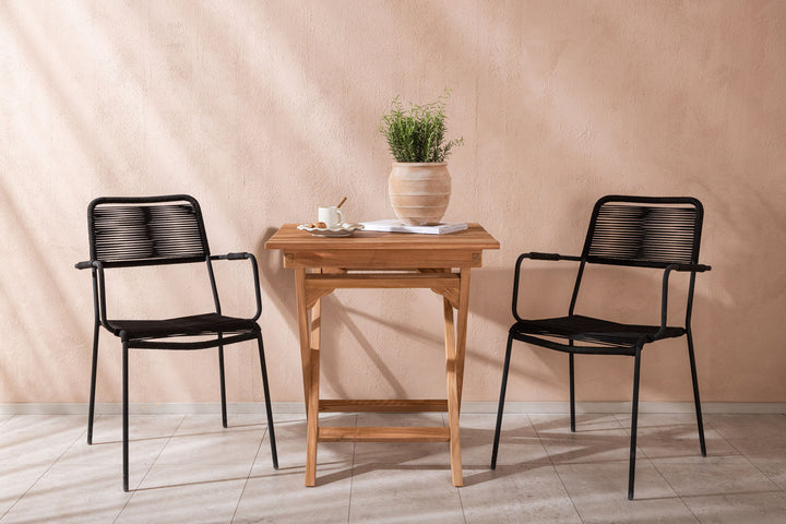 Venture Home Ghana - Folding Table- Natural - Teak - 70*70cm _1+ Lindos Armchair - Black Alu / Black Rope _2