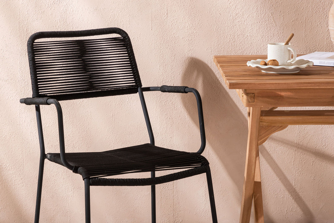 Venture Home Ghana - Folding Table- Natural - Teak - 70*70cm _1+ Lindos Armchair - Black Alu / Black Rope _2