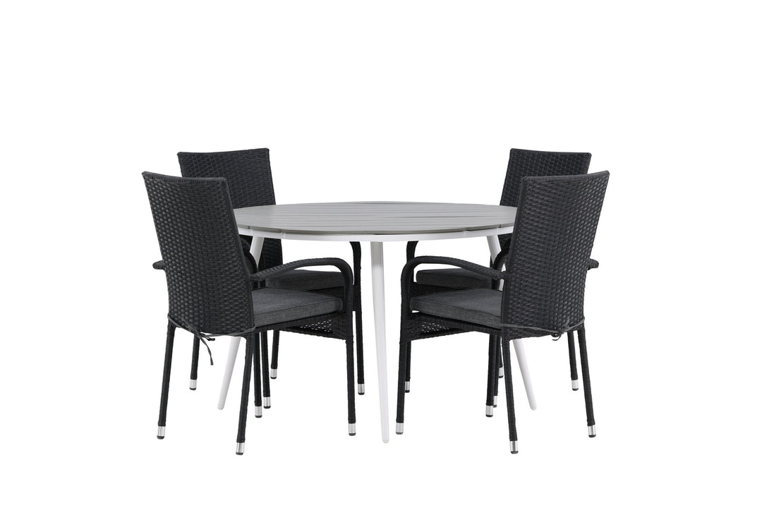 Venture Home Break - Dining Table Round- White / Grey - Alu / Aintwood - 120ø _1+ Anna Chair - Black _4
