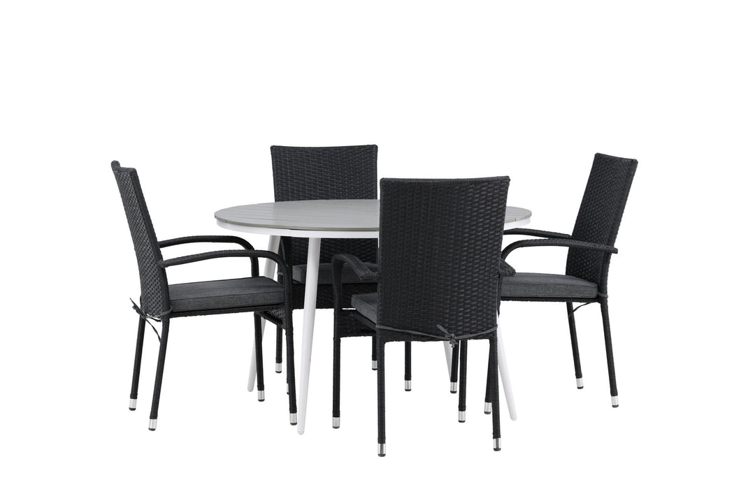 Venture Home Break - Dining Table Round- White / Grey - Alu / Aintwood - 120ø _1+ Anna Chair - Black _4