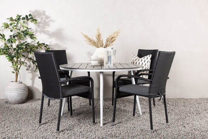 Venture Home Break - Dining Table Round- White / Grey - Alu / Aintwood - 120ø _1+ Anna Chair - Black _4