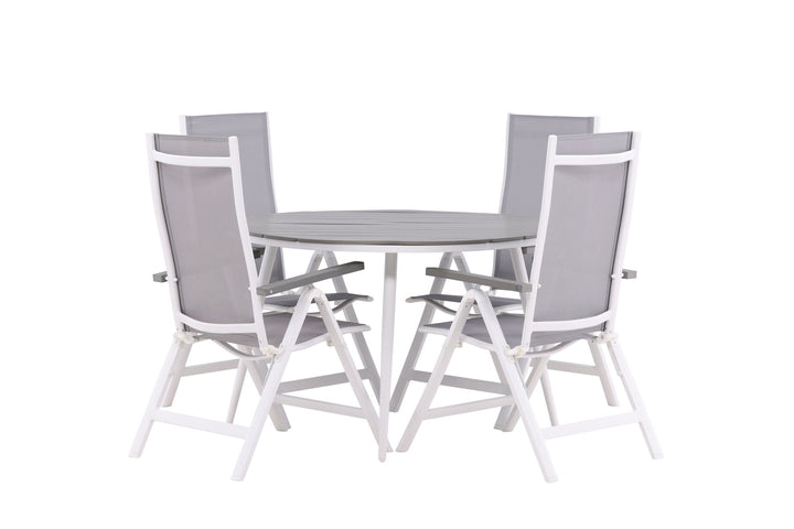 Venture Home Break - Dining Table Round- White / Grey - Alu / Aintwood - 120ø _1+ Albany Light 5-pos white alu / Grey Textilene _4