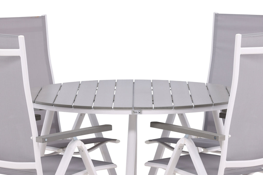 Venture Home Break - Dining Table Round- White / Grey - Alu / Aintwood - 120ø _1+ Albany Light 5-pos white alu / Grey Textilene _4