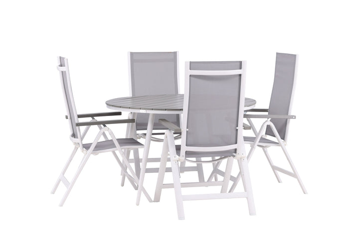 Venture Home Break - Dining Table Round- White / Grey - Alu / Aintwood - 120ø _1+ Albany Light 5-pos white alu / Grey Textilene _4