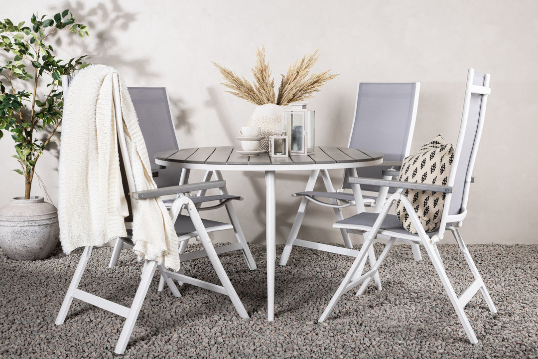 Venture Home Break - Dining Table Round- White / Grey - Alu / Aintwood - 120ø _1+ Albany Light 5-pos white alu / Grey Textilene _4