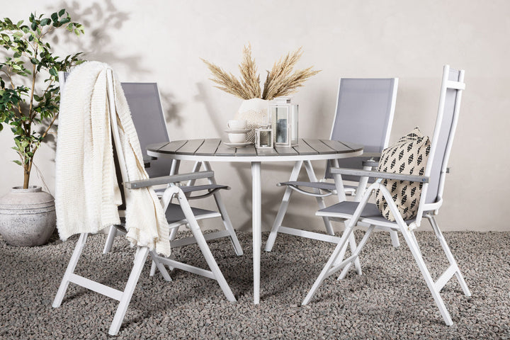 Venture Home Break - Dining Table Round- White / Grey - Alu / Aintwood - 120ø _1+ Albany Light 5-pos white alu / Grey Textilene _4