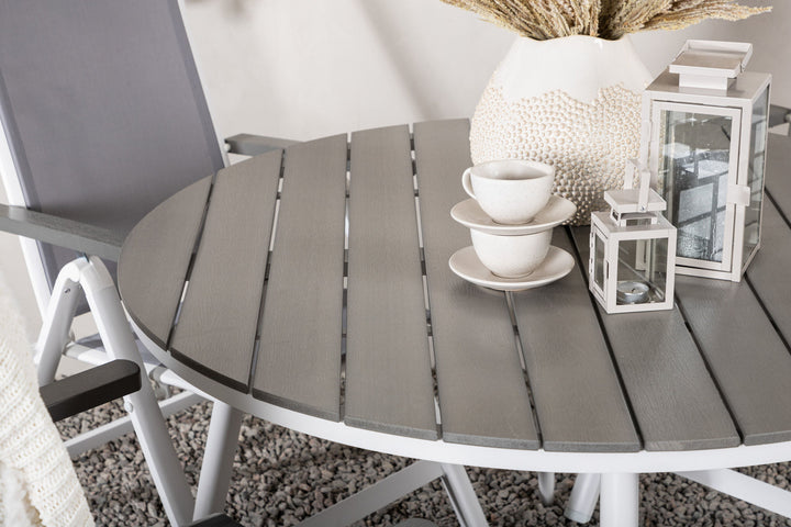 Venture Home Break - Dining Table Round- White / Grey - Alu / Aintwood - 120ø _1+ Albany Light 5-pos white alu / Grey Textilene _4