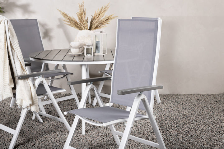 Venture Home Break - Dining Table Round- White / Grey - Alu / Aintwood - 120ø _1+ Albany Light 5-pos white alu / Grey Textilene _4