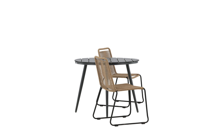 Venture Home Break - Dining Table Round- Black / Black - Alu / Aintwood - 90ø _1+ Lindos Stacking Chair - Black Alu / Latte Rope _2
