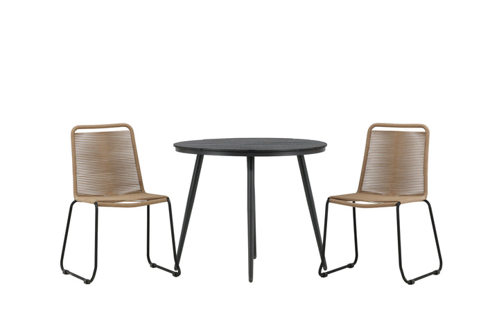 Venture Home Break - Dining Table Round- Black / Black - Alu / Aintwood - 90ø _1+ Lindos Stacking Chair - Black Alu / Latte Rope _2