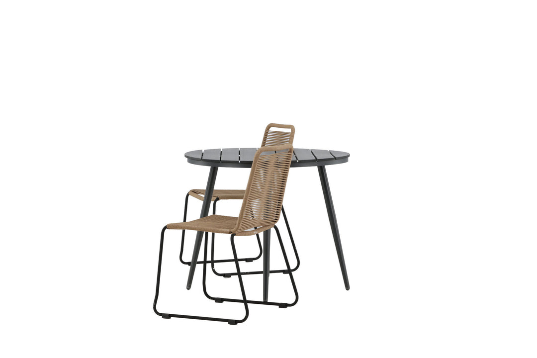 Venture Home Break - Dining Table Round- Black / Black - Alu / Aintwood - 90ø _1+ Lindos Stacking Chair - Black Alu / Latte Rope _2