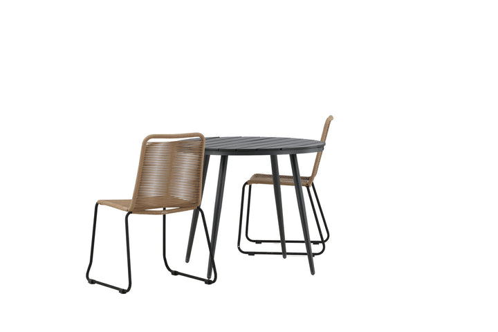 Venture Home Break - Dining Table Round- Black / Black - Alu / Aintwood - 90ø _1+ Lindos Stacking Chair - Black Alu / Latte Rope _2