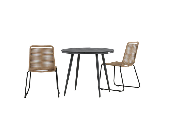 Venture Home Break - Dining Table Round- Black / Black - Alu / Aintwood - 90ø _1+ Lindos Stacking Chair - Black Alu / Latte Rope _2