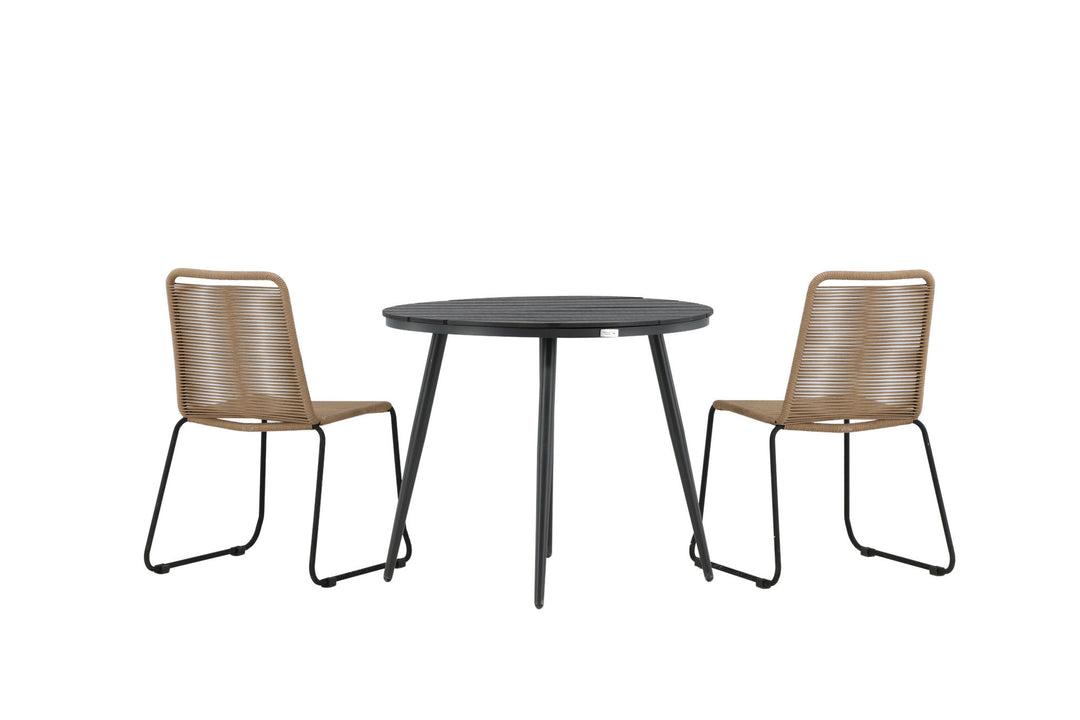 Venture Home Break - Dining Table Round- Black / Black - Alu / Aintwood - 90ø _1+ Lindos Stacking Chair - Black Alu / Latte Rope _2