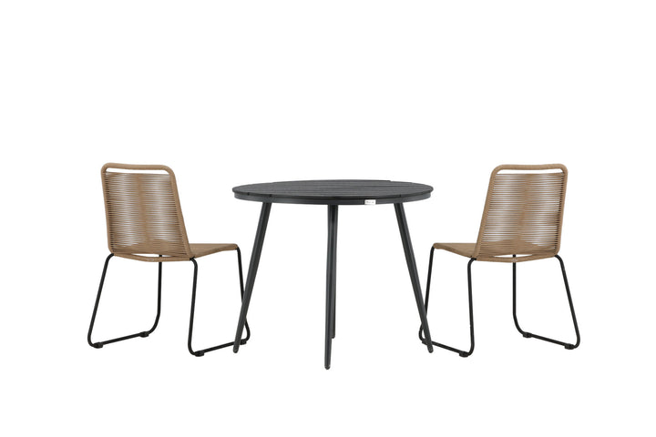 Venture Home Break - Dining Table Round- Black / Black - Alu / Aintwood - 90ø _1+ Lindos Stacking Chair - Black Alu / Latte Rope _2