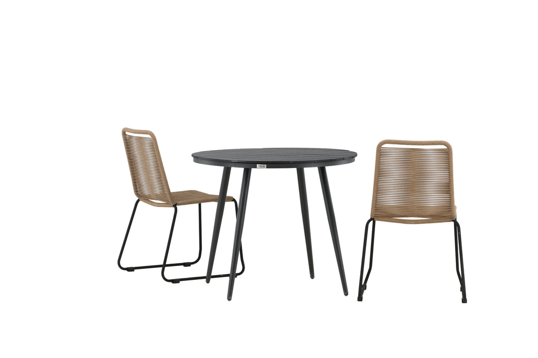 Venture Home Break - Dining Table Round- Black / Black - Alu / Aintwood - 90ø _1+ Lindos Stacking Chair - Black Alu / Latte Rope _2