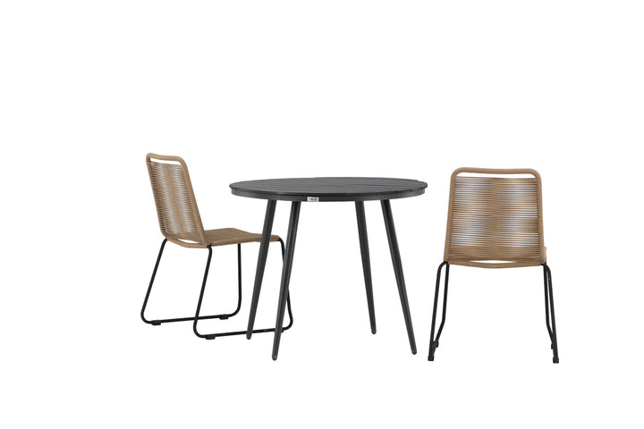 Venture Home Break - Dining Table Round- Black / Black - Alu / Aintwood - 90ø _1+ Lindos Stacking Chair - Black Alu / Latte Rope _2