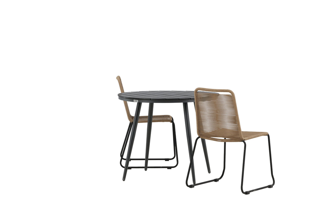 Venture Home Break - Dining Table Round- Black / Black - Alu / Aintwood - 90ø _1+ Lindos Stacking Chair - Black Alu / Latte Rope _2