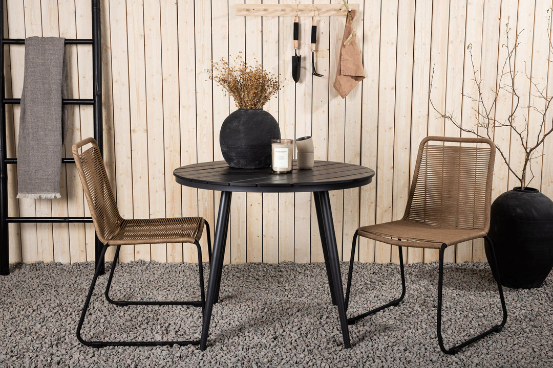 Venture Home Break - Dining Table Round- Black / Black - Alu / Aintwood - 90ø _1+ Lindos Stacking Chair - Black Alu / Latte Rope _2
