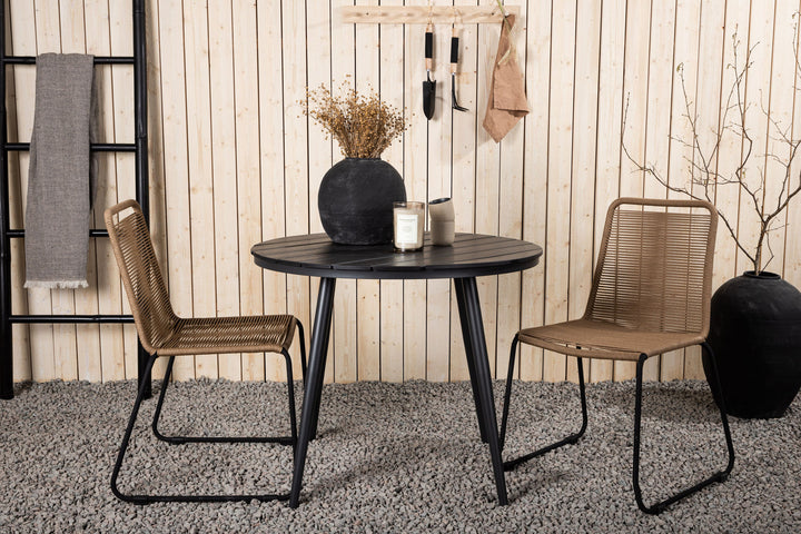 Venture Home Break - Dining Table Round- Black / Black - Alu / Aintwood - 90ø _1+ Lindos Stacking Chair - Black Alu / Latte Rope _2