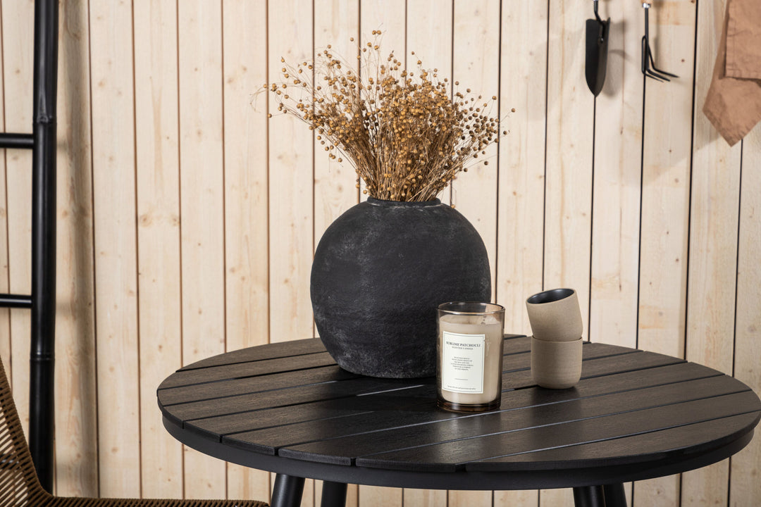 Venture Home Break - Dining Table Round- Black / Black - Alu / Aintwood - 90ø _1+ Lindos Stacking Chair - Black Alu / Latte Rope _2