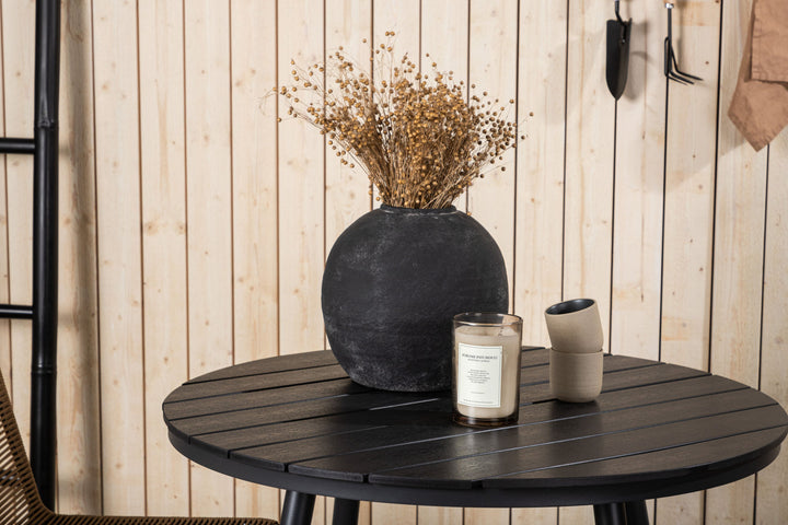 Venture Home Break - Dining Table Round- Black / Black - Alu / Aintwood - 90ø _1+ Lindos Stacking Chair - Black Alu / Latte Rope _2