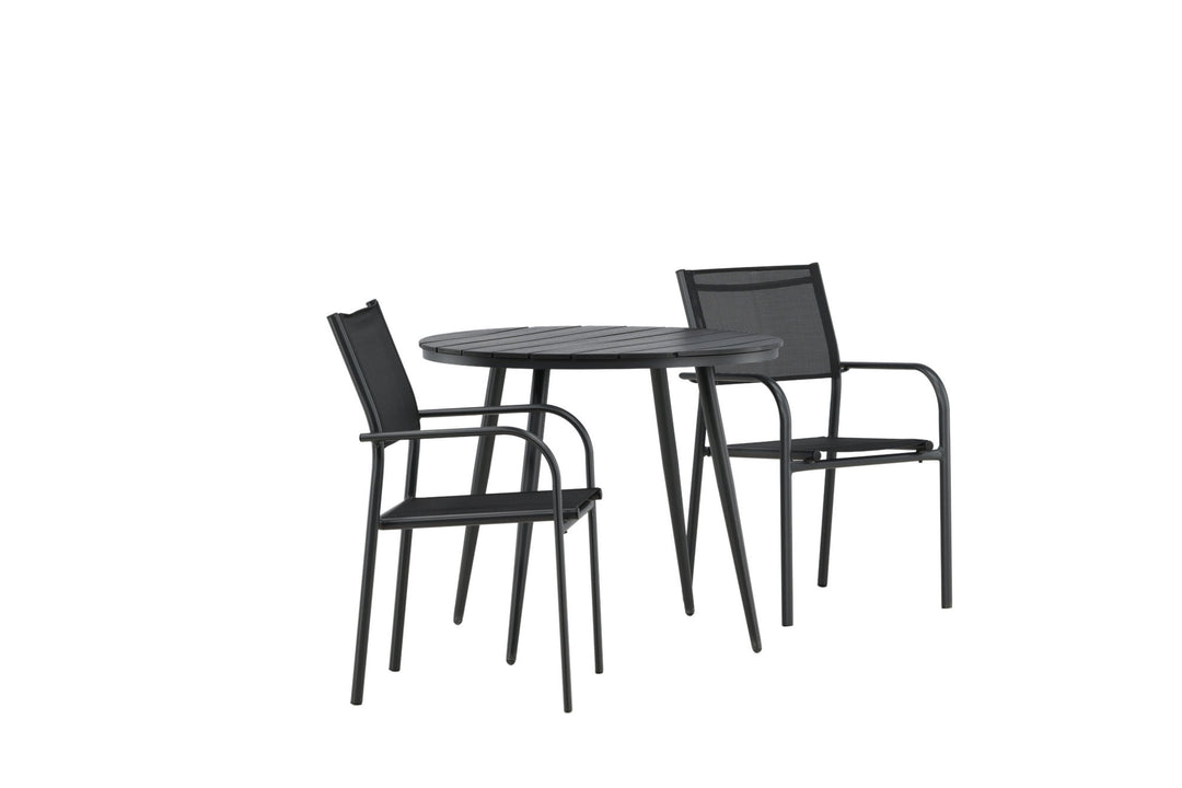 Venture Home Break - Dining Table Round- Black / Black - Alu / Aintwood - 90ø _1+ Santorini Arm Chair (Stackable) - Black alu / Black Textilene _2