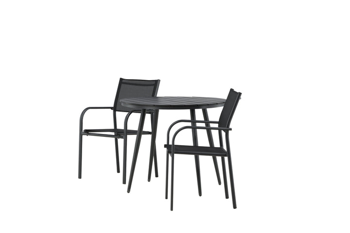 Venture Home Break - Dining Table Round- Black / Black - Alu / Aintwood - 90ø _1+ Santorini Arm Chair (Stackable) - Black alu / Black Textilene _2