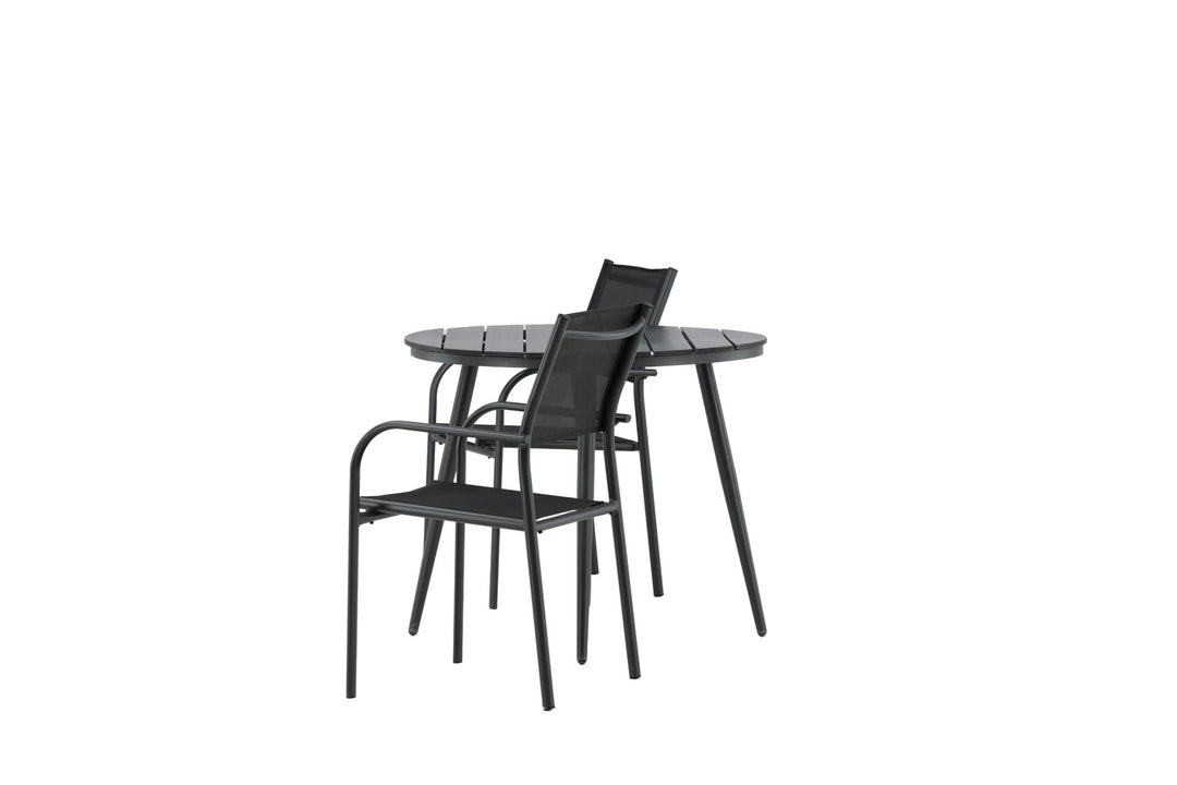 Venture Home Break - Dining Table Round- Black / Black - Alu / Aintwood - 90ø _1+ Santorini Arm Chair (Stackable) - Black alu / Black Textilene _2