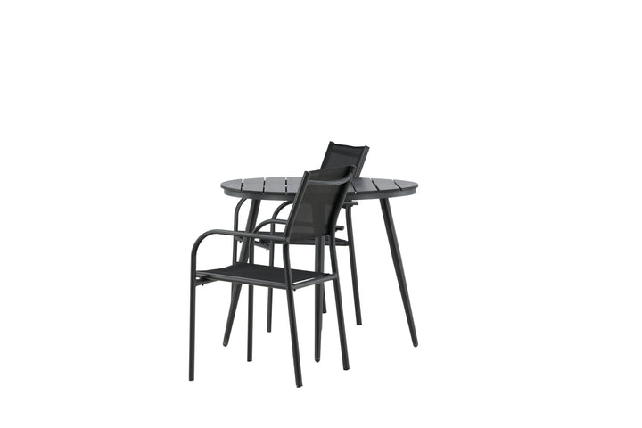 Venture Home Break - Dining Table Round- Black / Black - Alu / Aintwood - 90ø _1+ Santorini Arm Chair (Stackable) - Black alu / Black Textilene _2