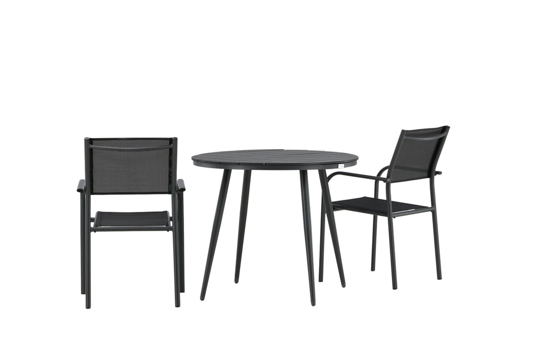 Venture Home Break - Dining Table Round- Black / Black - Alu / Aintwood - 90ø _1+ Santorini Arm Chair (Stackable) - Black alu / Black Textilene _2