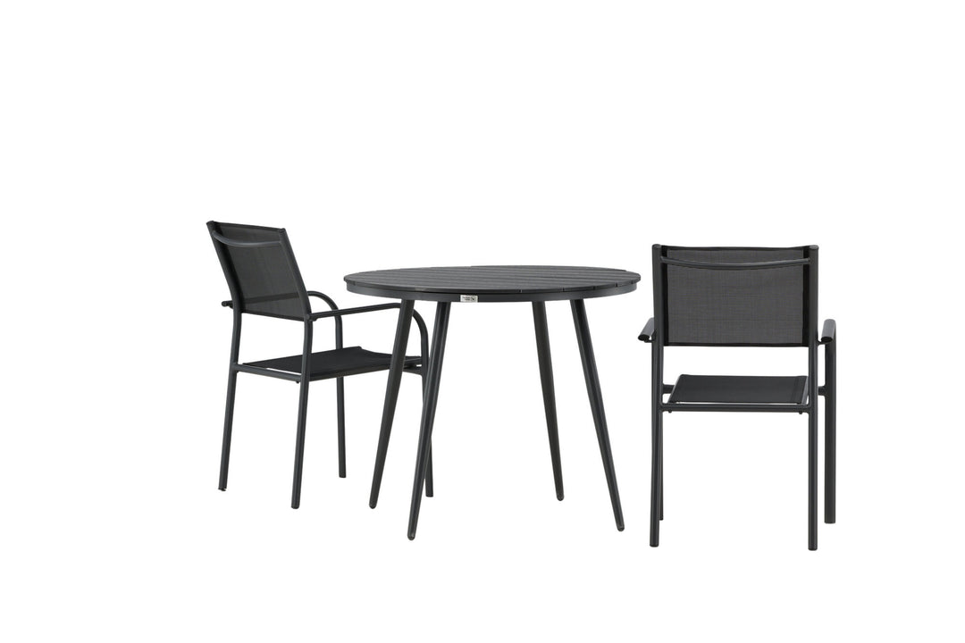 Venture Home Break - Dining Table Round- Black / Black - Alu / Aintwood - 90ø _1+ Santorini Arm Chair (Stackable) - Black alu / Black Textilene _2