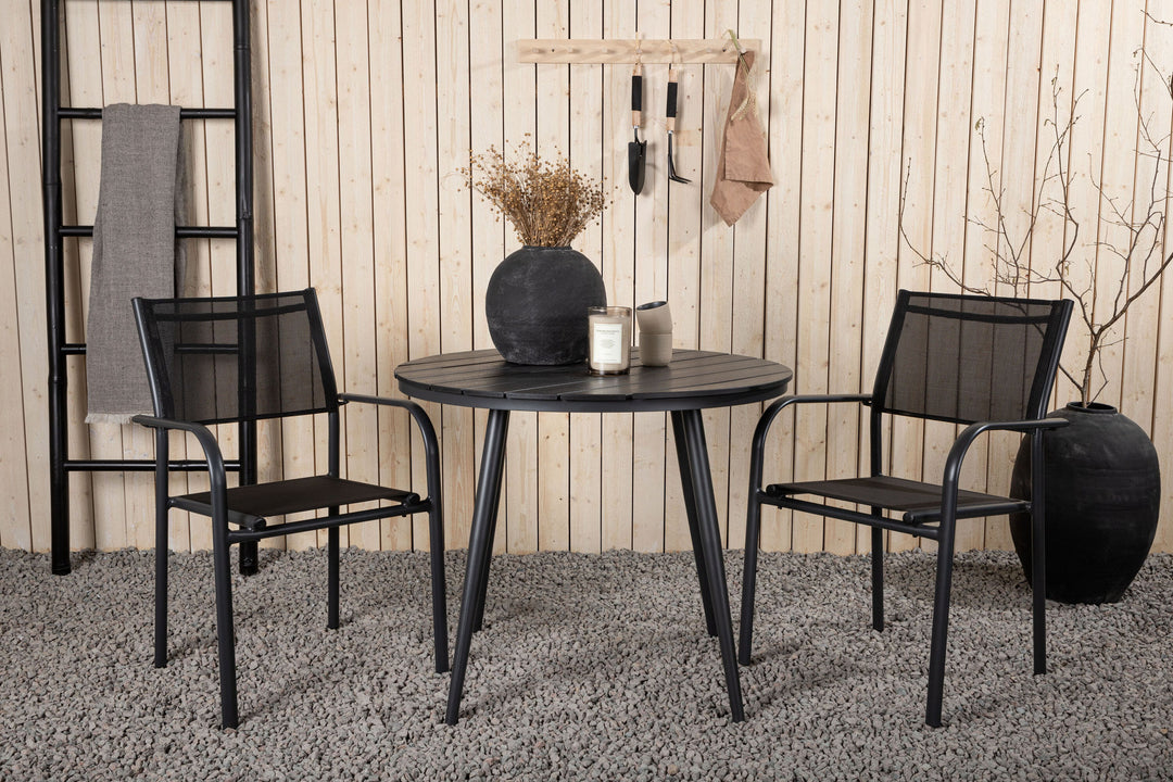 Venture Home Break - Dining Table Round- Black / Black - Alu / Aintwood - 90ø _1+ Santorini Arm Chair (Stackable) - Black alu / Black Textilene _2