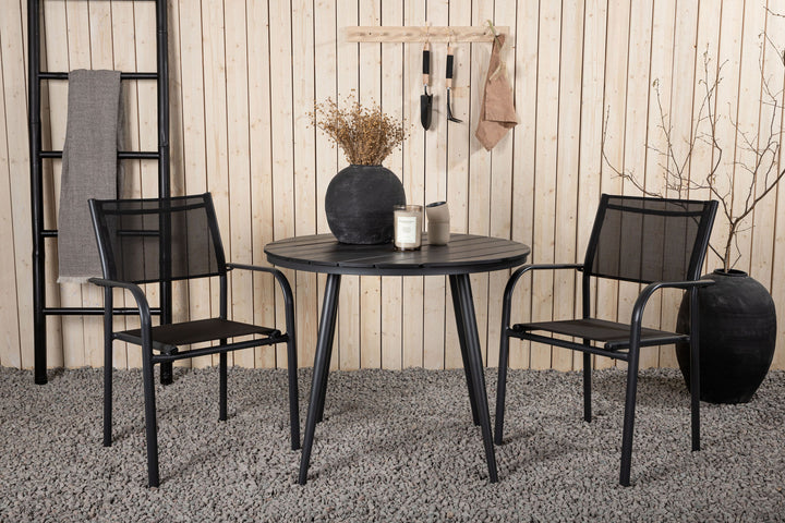 Venture Home Break - Dining Table Round- Black / Black - Alu / Aintwood - 90ø _1+ Santorini Arm Chair (Stackable) - Black alu / Black Textilene _2
