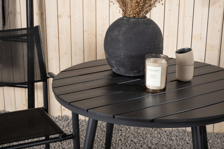 Venture Home Break - Dining Table Round- Black / Black - Alu / Aintwood - 90ø _1+ Santorini Arm Chair (Stackable) - Black alu / Black Textilene _2