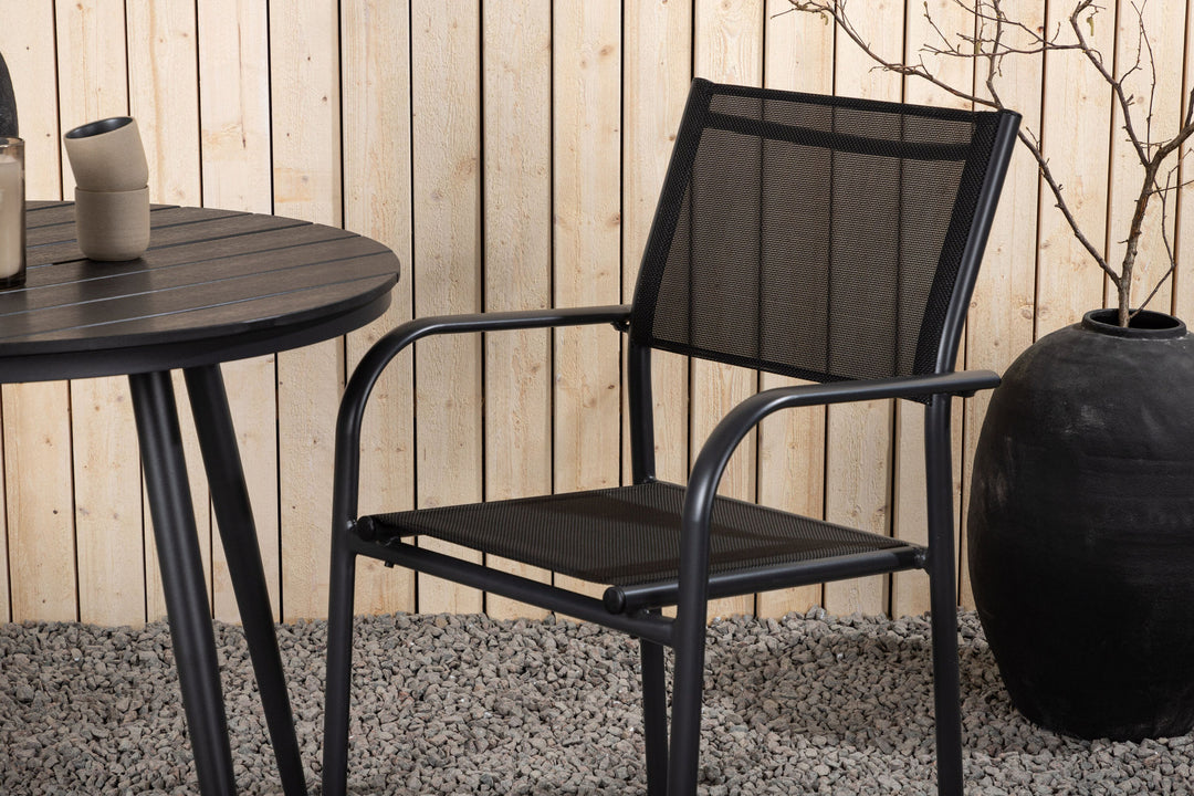 Venture Home Break - Dining Table Round- Black / Black - Alu / Aintwood - 90ø _1+ Santorini Arm Chair (Stackable) - Black alu / Black Textilene _2
