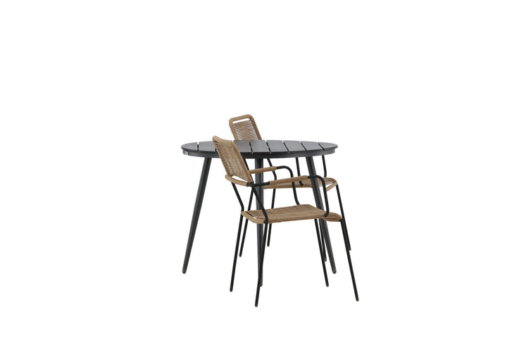 Venture Home Break - Dining Table Round- Black / Black - Alu / Aintwood - 90ø _1+ Lindos - Armchair - Black Alu / Latte Rope _2